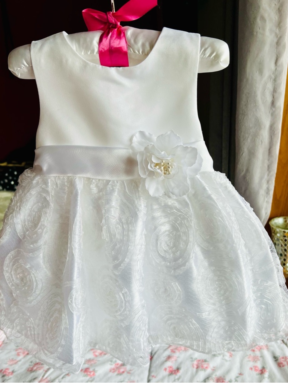 White Floral Satin & Lace Baby Formal Dress